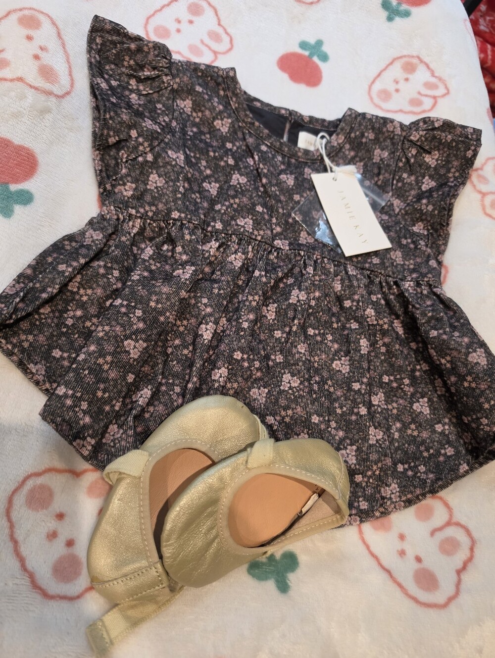 Nwt Jamie Kay 6-12 Month Dress And Preowned Gold Moccasins Lots Baby Girl